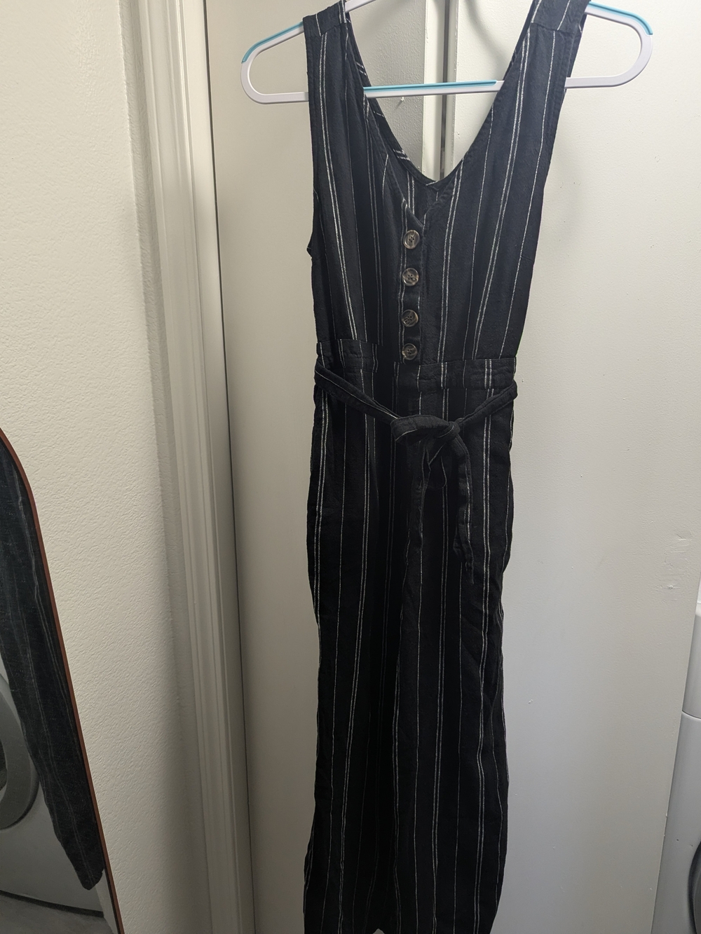 Time and Tru Black Pinstripe One-Shoulder Jumpsuit